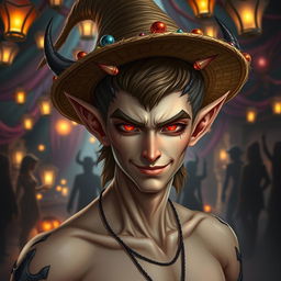 A striking male elf with sharp, defined features, wearing a stylish straw hat decorated with vibrant, colorful trinkets