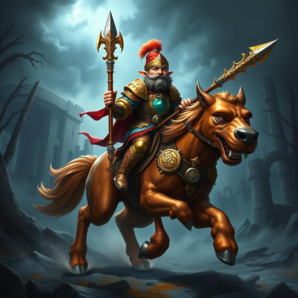 An enchanting image of a gnome-like paladin, characterized by his short stature and vibrant attire, confidently riding a majestic mastiff in a dark fantasy setting