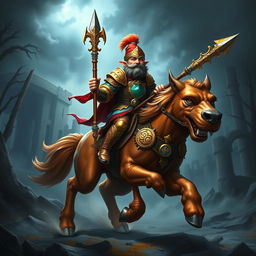 An enchanting image of a gnome-like paladin, characterized by his short stature and vibrant attire, confidently riding a majestic mastiff in a dark fantasy setting