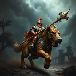 An enchanting image of a gnome-like paladin, characterized by his short stature and vibrant attire, confidently riding a majestic mastiff in a dark fantasy setting