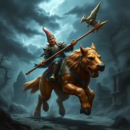 An enchanting image of a gnome-like paladin, characterized by his short stature and vibrant attire, confidently riding a majestic mastiff in a dark fantasy setting