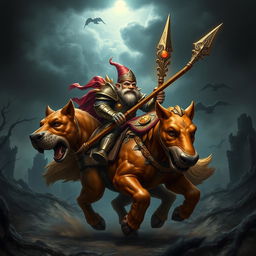 An enchanting image of a gnome-like paladin, characterized by his short stature and vibrant attire, confidently riding a majestic mastiff in a dark fantasy setting