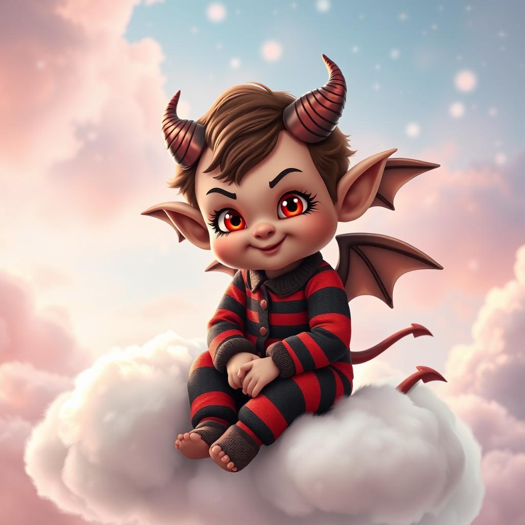 An adorable demon cherub with playful features, perched on a fluffy cloud, wearing striped pyjamas that have a vibrant mix of colors like red and black