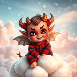 An adorable demon cherub with playful features, perched on a fluffy cloud, wearing striped pyjamas that have a vibrant mix of colors like red and black