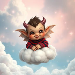 An adorable demon cherub with playful features, perched on a fluffy cloud, wearing striped pyjamas that have a vibrant mix of colors like red and black