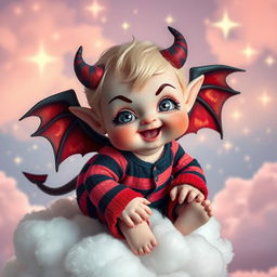 An adorable demon cherub with playful features, perched on a fluffy cloud, wearing striped pyjamas that have a vibrant mix of colors like red and black