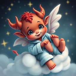 A charming red demon cherub with playful, chubby cheeks and tiny horns, dressed in soft blue and white striped pyjamas