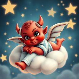 A charming red demon cherub with playful, chubby cheeks and tiny horns, dressed in soft blue and white striped pyjamas