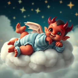 A charming red demon cherub with playful, chubby cheeks and tiny horns, dressed in soft blue and white striped pyjamas