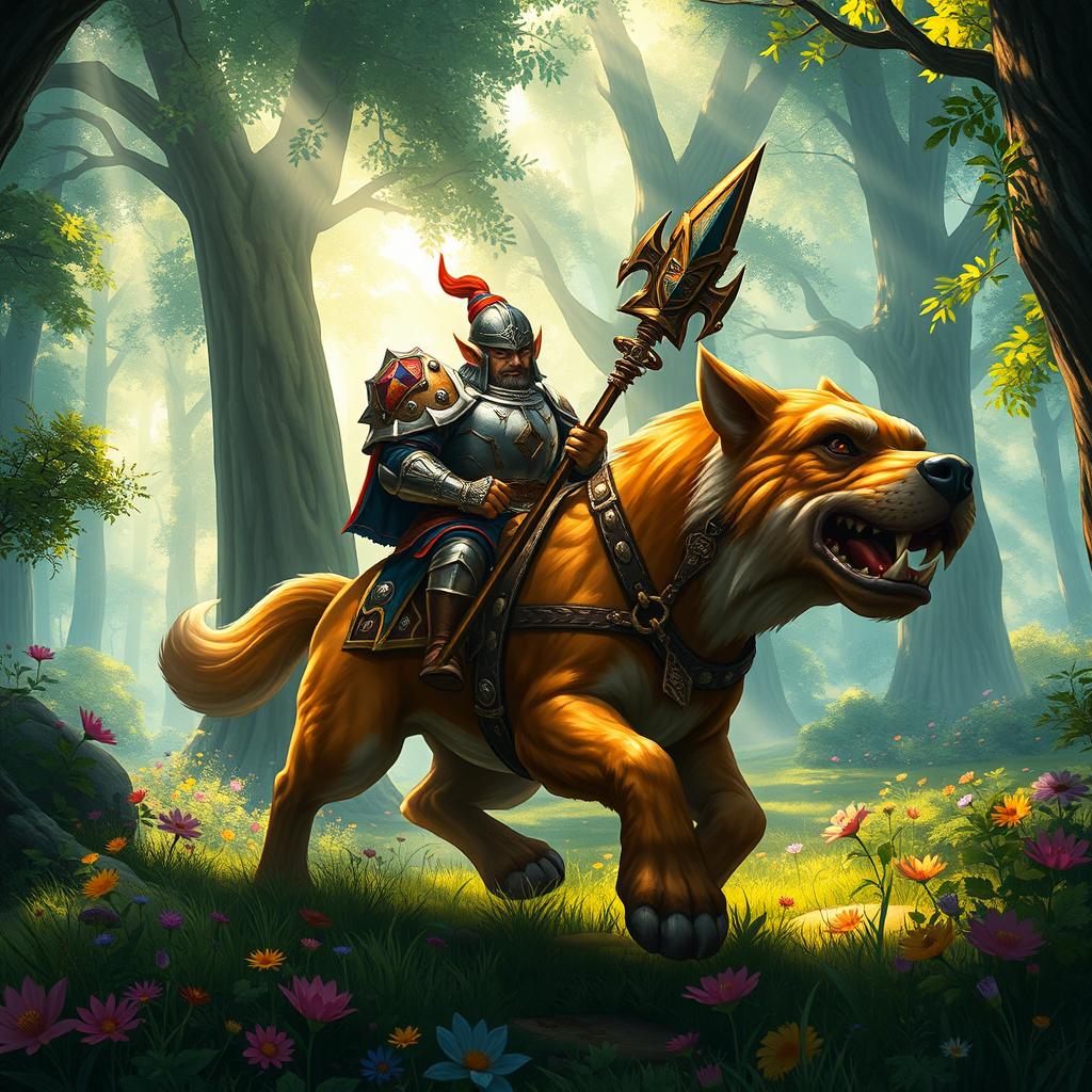 A captivating image of a gnome paladin, characterized by his short stature and vibrant armor, riding a robust mastiff through a lush forest fantasy setting