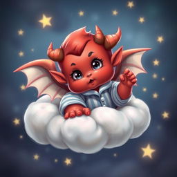 A charming red demon cherub with playful, chubby cheeks and tiny horns, dressed in soft blue and white striped pyjamas