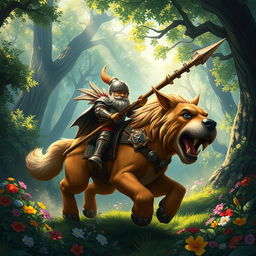 A captivating image of a gnome paladin, characterized by his short stature and vibrant armor, riding a robust mastiff through a lush forest fantasy setting