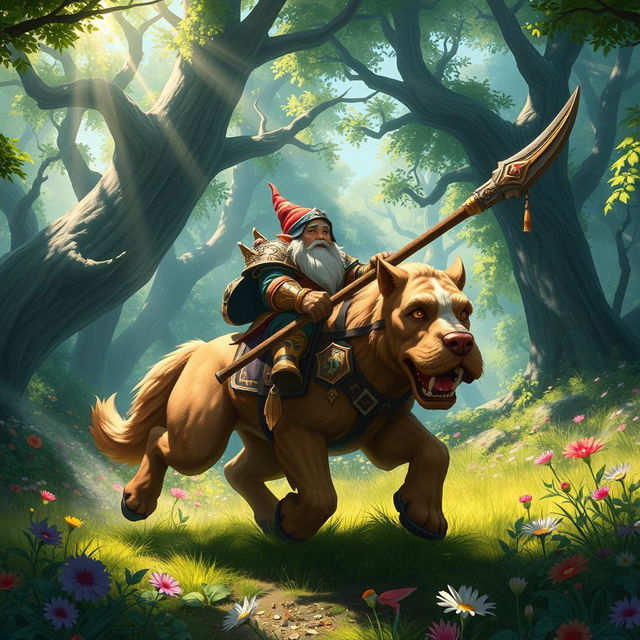 A captivating image of a gnome paladin, characterized by his short stature and vibrant armor, riding a robust mastiff through a lush forest fantasy setting