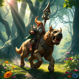 A captivating image of a gnome paladin, characterized by his short stature and vibrant armor, riding a robust mastiff through a lush forest fantasy setting