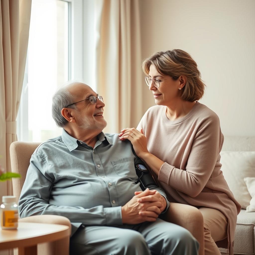 A caring woman aged between 30 and 50, displaying a loving and concerned expression, tenderly looks after her elderly father