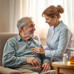 A caring woman aged between 30 and 50, displaying a loving and concerned expression, tenderly looks after her elderly father