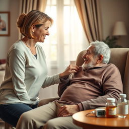 A caring woman aged between 30 and 50, displaying a loving and concerned expression, tenderly looks after her elderly father