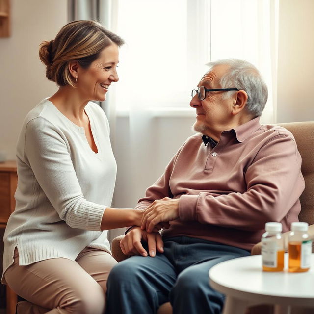 A caring woman aged between 30 and 50, displaying a loving and concerned expression, tenderly looks after her elderly father