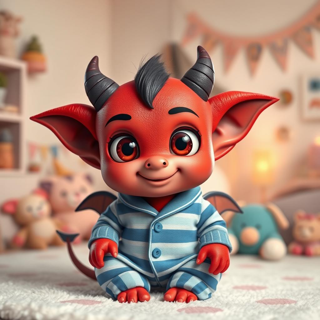 A cute small red demon with oversized expressive eyes, wearing cozy blue and white striped pyjamas that fit snugly