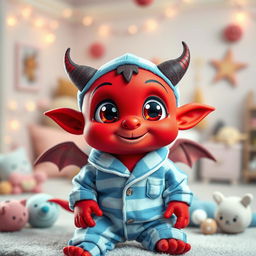 A cute small red demon with oversized expressive eyes, wearing cozy blue and white striped pyjamas that fit snugly