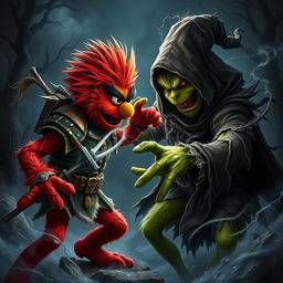 A captivating and intense image of Elmo battling the Grinch in a dark fantasy setting