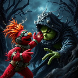 A captivating and intense image of Elmo battling the Grinch in a dark fantasy setting