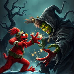 A captivating and intense image of Elmo battling the Grinch in a dark fantasy setting