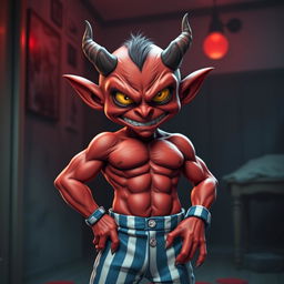 An evil-looking small red demon with exaggerated features, sporting a 12-pack of well-defined abs, dressed in snug blue and white striped pyjamas that accentuate its muscular form