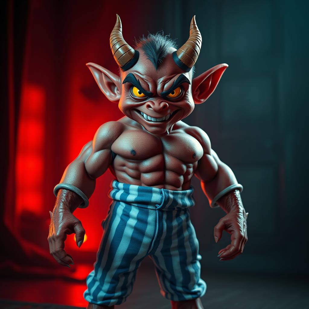 An evil-looking small red demon with exaggerated features, sporting a 12-pack of well-defined abs, dressed in snug blue and white striped pyjamas that accentuate its muscular form