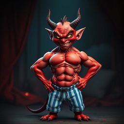 An evil-looking small red demon with exaggerated features, sporting a 12-pack of well-defined abs, dressed in snug blue and white striped pyjamas that accentuate its muscular form