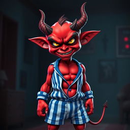 An evil-looking small red demon with exaggerated features, sporting a 12-pack of well-defined abs, dressed in snug blue and white striped pyjamas that accentuate its muscular form