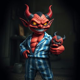 An evil-looking small red demon with exaggerated features, showcasing a well-defined 12-pack, dressed in snug blue and white striped pyjamas