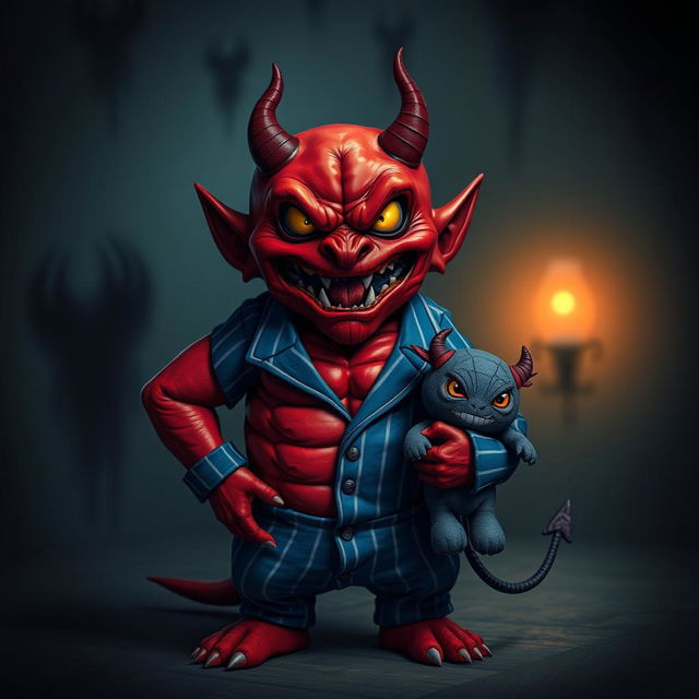 An evil-looking small red demon with exaggerated features, showcasing a well-defined 12-pack, dressed in snug blue and white striped pyjamas