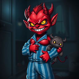 An evil-looking small red demon with exaggerated features, showcasing a well-defined 12-pack, dressed in snug blue and white striped pyjamas