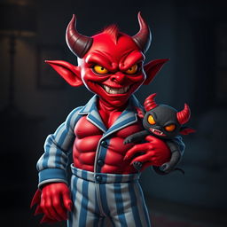 An evil-looking small red demon with exaggerated features, showcasing a well-defined 12-pack, dressed in snug blue and white striped pyjamas