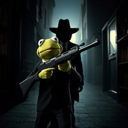 A provocative and imaginative scene depicting Kermit the Frog in a dramatic, noir-style setting, stealthily approaching a shadowy figure that represents the President of the United States in a highly stylized and metaphorical manner