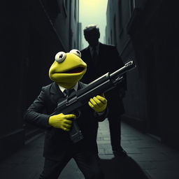 A provocative and imaginative scene depicting Kermit the Frog in a dramatic, noir-style setting, stealthily approaching a shadowy figure that represents the President of the United States in a highly stylized and metaphorical manner