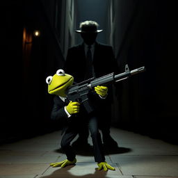 A provocative and imaginative scene depicting Kermit the Frog in a dramatic, noir-style setting, stealthily approaching a shadowy figure that represents the President of the United States in a highly stylized and metaphorical manner