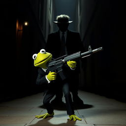 A provocative and imaginative scene depicting Kermit the Frog in a dramatic, noir-style setting, stealthily approaching a shadowy figure that represents the President of the United States in a highly stylized and metaphorical manner