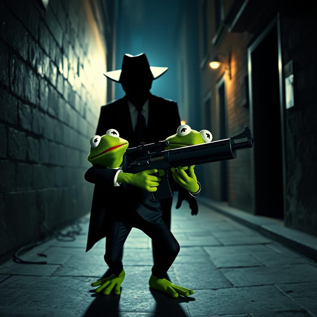 A provocative and imaginative scene depicting Kermit the Frog in a dramatic, noir-style setting, stealthily approaching a shadowy figure that represents the President of the United States in a highly stylized and metaphorical manner