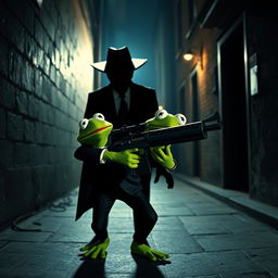 A provocative and imaginative scene depicting Kermit the Frog in a dramatic, noir-style setting, stealthily approaching a shadowy figure that represents the President of the United States in a highly stylized and metaphorical manner