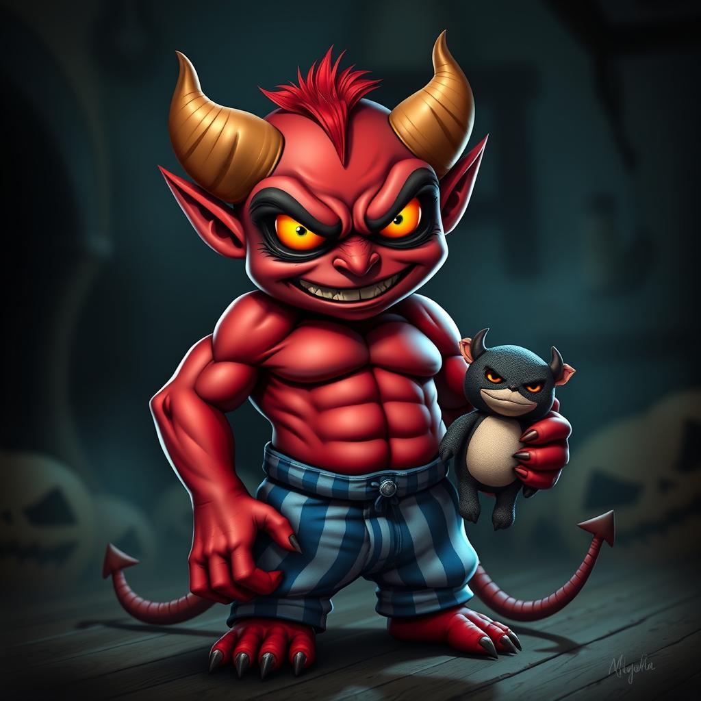 An evil small red demon with exaggerated features, showcasing a chiseled 12-pack, dressed in snug blue and white striped pyjamas