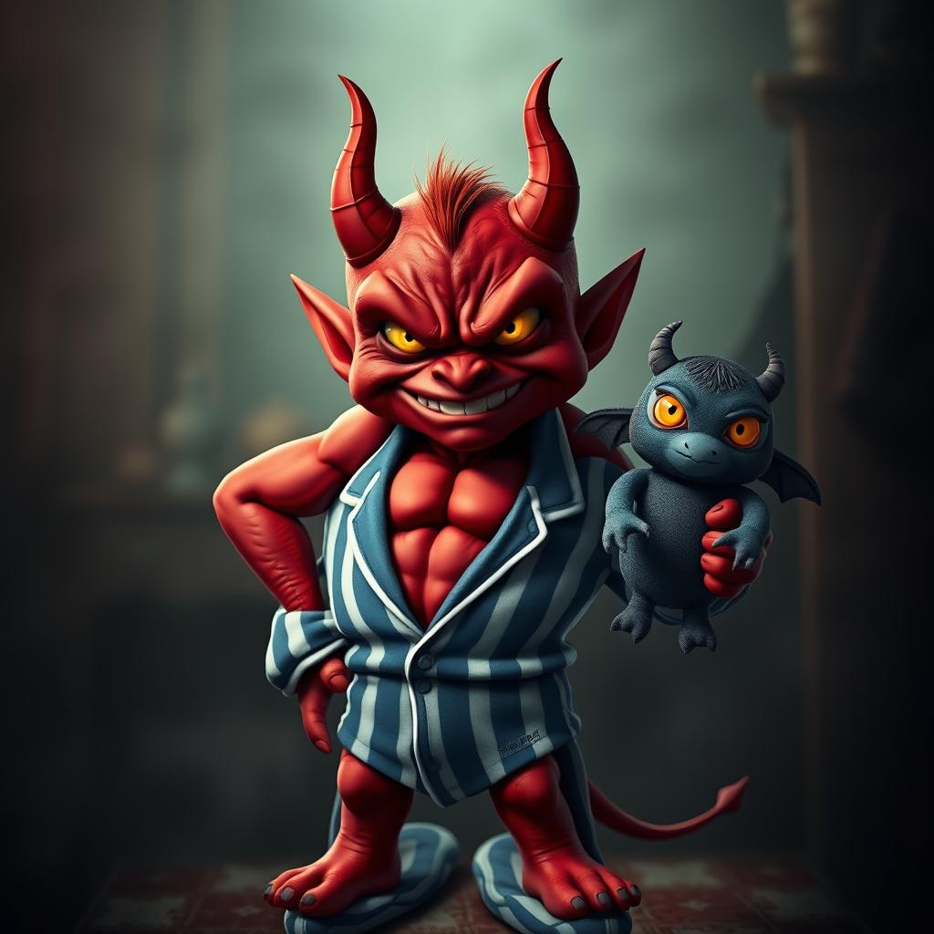 An evil small red demon with exaggerated features, showcasing a chiseled 12-pack, dressed in snug blue and white striped pyjamas