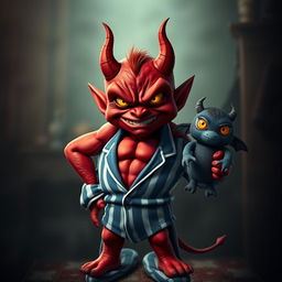 An evil small red demon with exaggerated features, showcasing a chiseled 12-pack, dressed in snug blue and white striped pyjamas