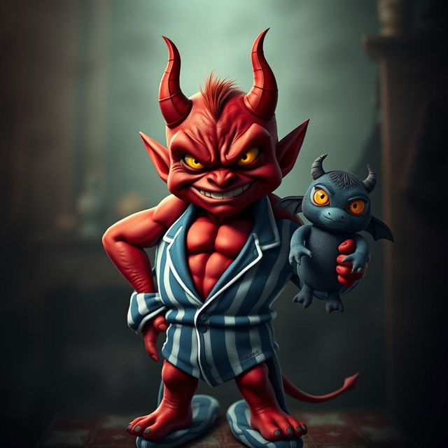 An evil small red demon with exaggerated features, showcasing a chiseled 12-pack, dressed in snug blue and white striped pyjamas