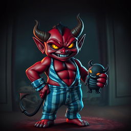 An evil small red demon with exaggerated features, showcasing a chiseled 12-pack, dressed in snug blue and white striped pyjamas