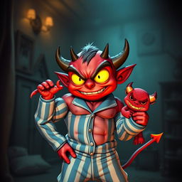 An evil small red demon with exaggerated features, showcasing a chiseled 12-pack, dressed in snug blue and white striped pyjamas