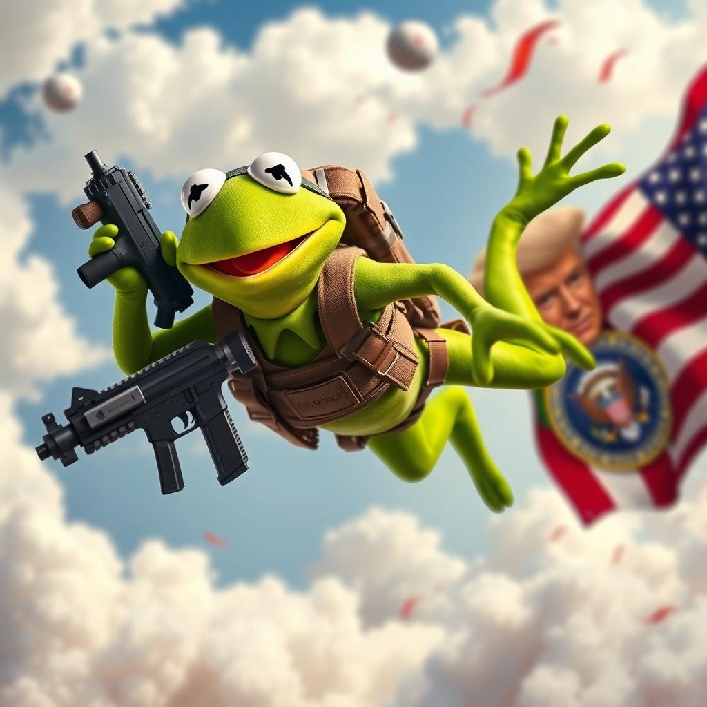 A surreal and imaginative scene portraying Kermit the Frog in a dynamic action pose while diving through the air, in a whimsical yet exaggerated fantasy scenario