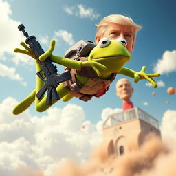 A surreal and imaginative scene portraying Kermit the Frog in a dynamic action pose while diving through the air, in a whimsical yet exaggerated fantasy scenario