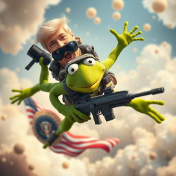 A surreal and imaginative scene portraying Kermit the Frog in a dynamic action pose while diving through the air, in a whimsical yet exaggerated fantasy scenario